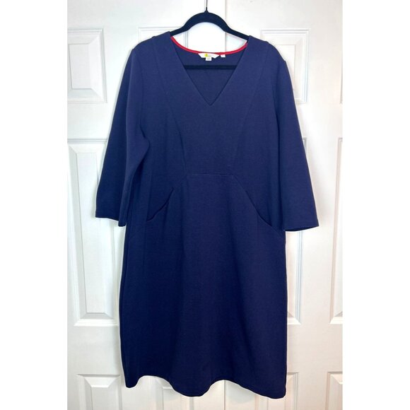 Boden Ellen Ottoman V-Neck Career Dress Size 16L Navy Blue Ribbed Front Pockets - Picture 1 of 14